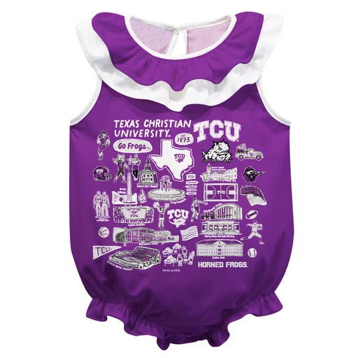 TCU Horned Frogs  Purple Hand Sketched Vive La Fete Impressions Artwork Sleeveless Ruffle Onesie Bodysuit