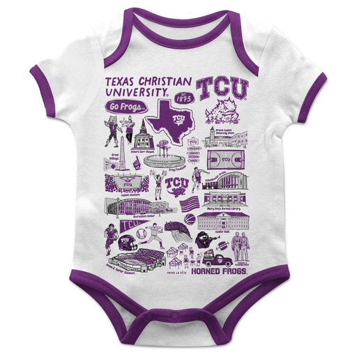 TCU Horned Frogs Hand Sketched Vive La Fete Impressions Artwork Infant White Short Sleeve Onesie Bodysuit