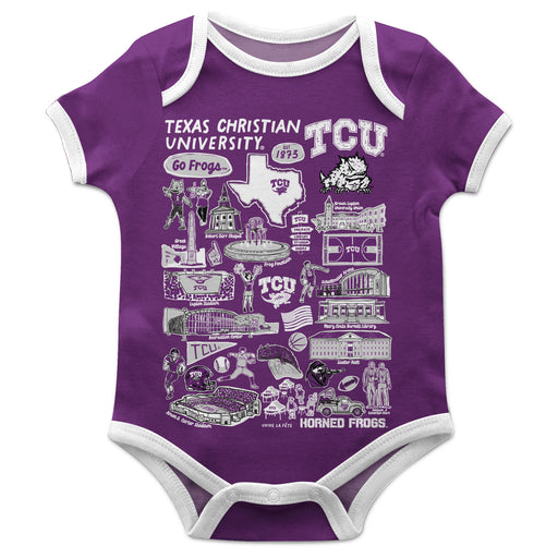 TCU Horned Frogs Hand Sketched Vive La Fete Impressions Artwork Infant Purple Short Sleeve Onesie Bodysuit