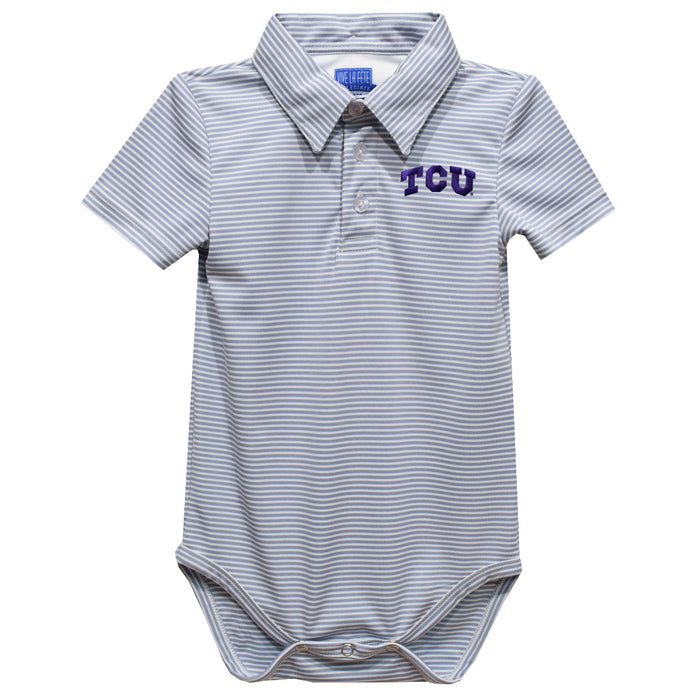 TCU Horned Frogs Embroidered Gray Stripe Knit Polo Onesie