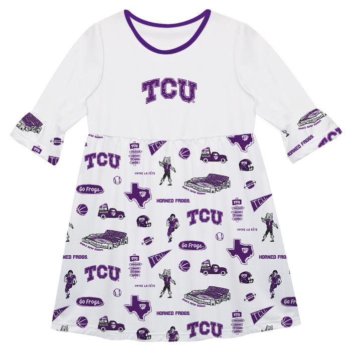TCU Horned Frogs 3/4 Sleeve Solid White Repeat Print Hand Sketched Vive La Fete Impressions Artwork on Skirt