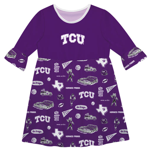 TCU Horned Frogs 3/4 Sleeve Solid Purple Repeat Print Hand Sketched Vive La Fete Impressions Artwork on Skirt