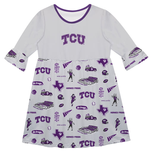 TCU Horned Frogs 3/4 Sleeve Solid Gray Repeat Print Hand Sketched Vive La Fete Impressions Artwork on Skirt