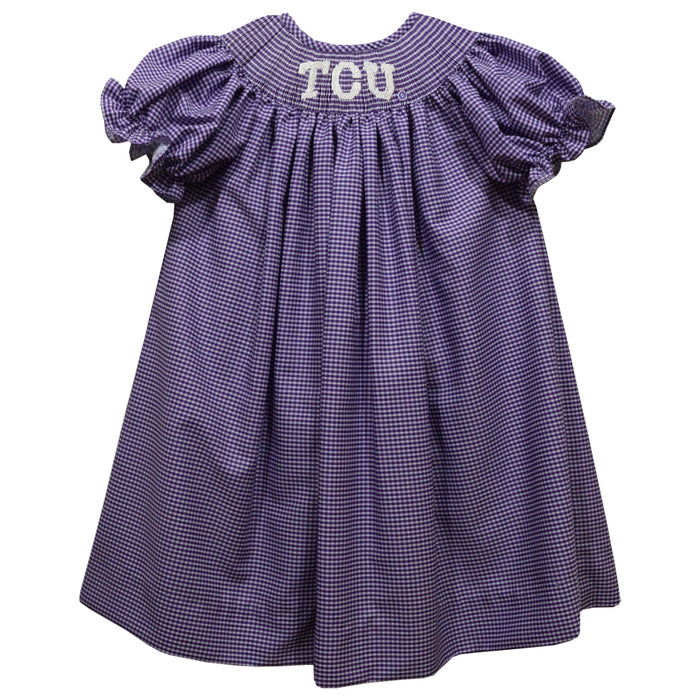 TCU Horned Frogs Smocked Purple Gingham Short  Sleeve Bishop