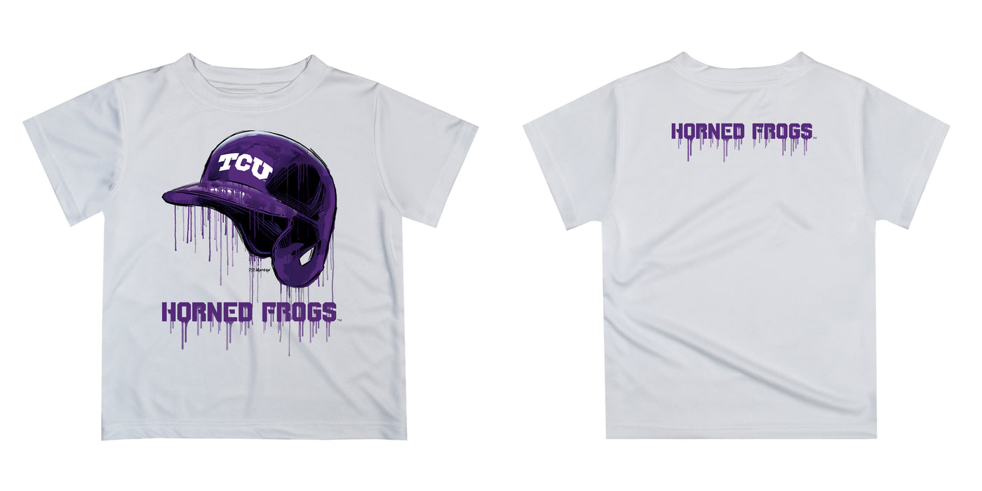 TCU Horned Frogs Original Dripping Baseball Helmet White T-Shirt by Vive La Fete - Vive La Fête - Online Apparel Store