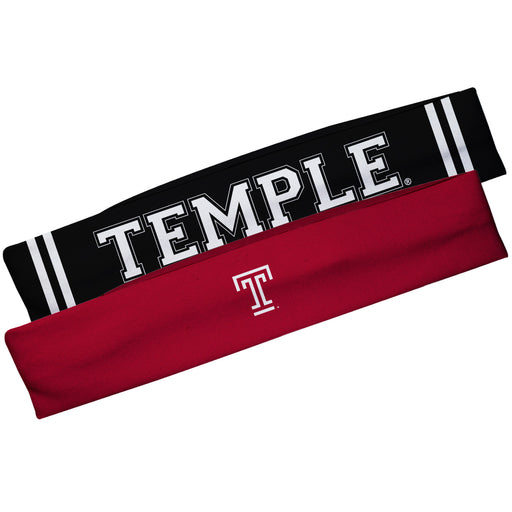 Temple Owls TU Vive La Fete Girls Women Game Day Set of 2 Stretch Headbands Headbands Logo Red and Name Black