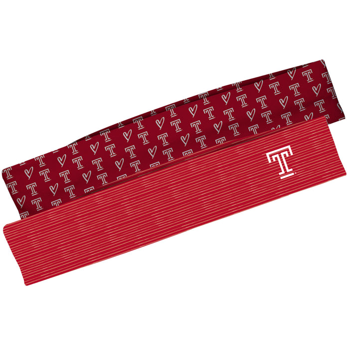 Temple Owls TU Vive La Fete Girls Women Game Day Set of 2 Stretch Headbands Repeat Logo Red and Logo