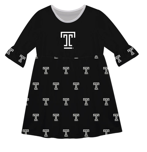 Temple Owls TU Vive La Fete Girls Game Day 3/4 Sleeve Solid Black All Over Logo on Skirt