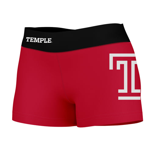 Temple Owls TU Vive La Fete Logo on Thigh & Waistband Red Black Women Yoga Booty Workout Shorts 3.75 Inseam
