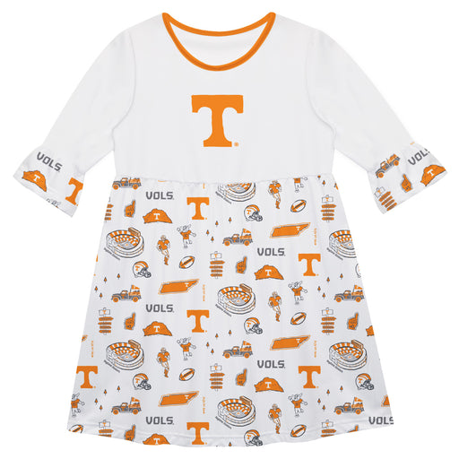 Tennessee Vols 3/4 Sleeve Solid White Repeat Print Hand Sketched Vive La Fete Impressions Artwork on Skirt