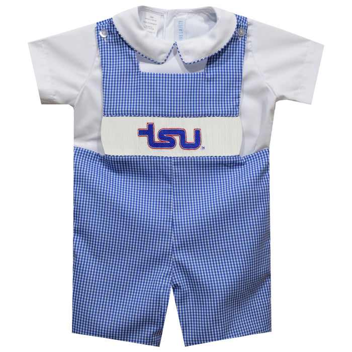 Tennessee State Tigers Smocked Royal Gingham Jon Jon And Short Sleeve White Shirt