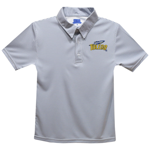 University of Toledo Rockets Embroidered Gray Stripes Short Sleeve Polo Box Shirt