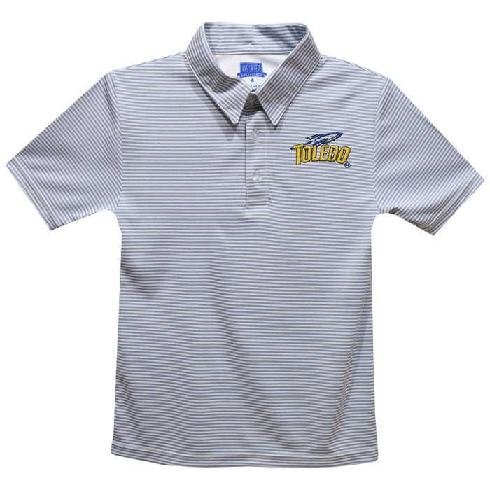 University of Toledo Rockets Embroidered Gray Stripes Short Sleeve Polo Box Shirt