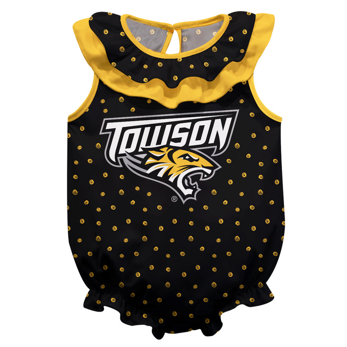 Towson University Tigers Swirls Black Sleeveless Ruffle Onesie Logo Bodysuit