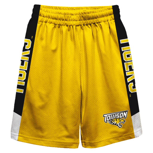 Towson University Tigers Vive La Fete Game Day Gold Stripes Boys Solid Black Athletic Mesh Short