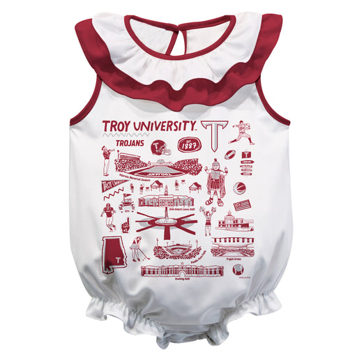 Troy Trojans  White Hand Sketched Vive La Fete Impressions Artwork Sleeveless Ruffle Onesie Bodysuit
