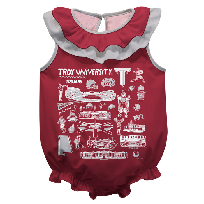 Troy Trojans  Maroon Hand Sketched Vive La Fete Impressions Artwork Sleeveless Ruffle Onesie Bodysuit