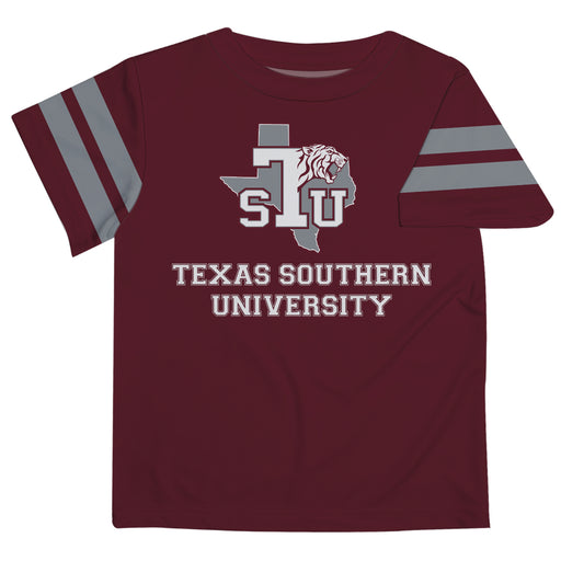 Texas Southern Tigers Vive La Fete Boys Game Day Maroon Short Sleeve Tee with Stripes on Sleeves
