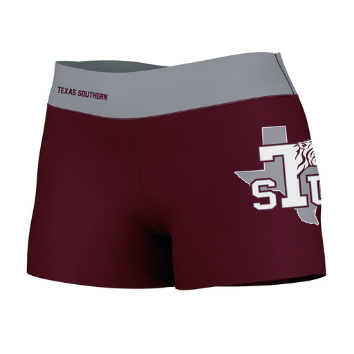Texas Southern Tigers Vive La Fete Logo on Thigh & Waistband Maroon Gray Women Yoga Booty Workout Shorts 3.75 Inseam