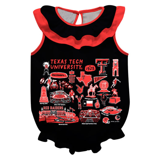 Texas Tech Red Raiders  Black Hand Sketched Vive La Fete Impressions Artwork Sleeveless Ruffle Onesie Bodysuit