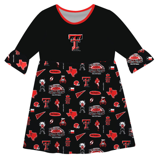 Texas Tech Red Raiders 3/4 Sleeve Solid Black Repeat Print Hand Sketched Vive La Fete Impressions Artwork on Skirt