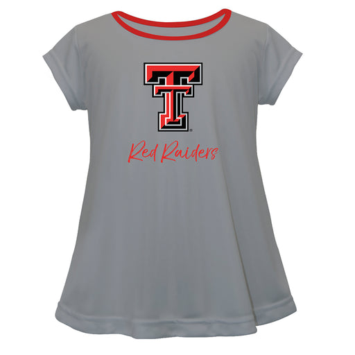 Texas Tech Red Raiders Vive La Fete Girls Game Day Short Sleeve Gray Top with School Logo and Name