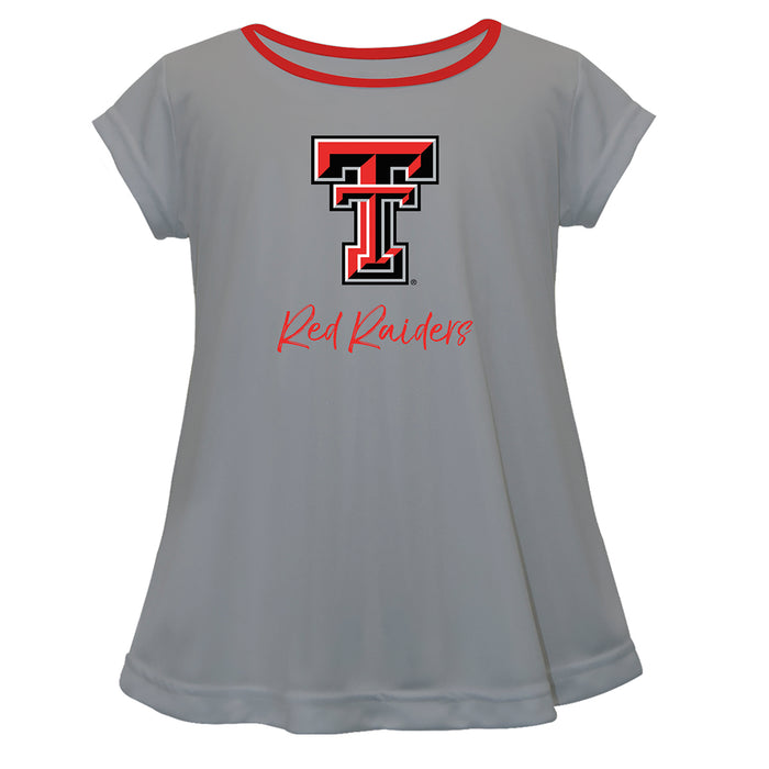 Texas Tech Red Raiders Vive La Fete Girls Game Day Short Sleeve Gray Top with School Logo and Name