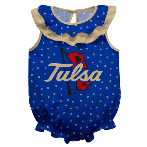 Tulsa Hurricanes Girls Game Day All Over Print Blue and Gold Sleeveless Ruffle Onesie Mascot Bodysuit by Vive La Fete
