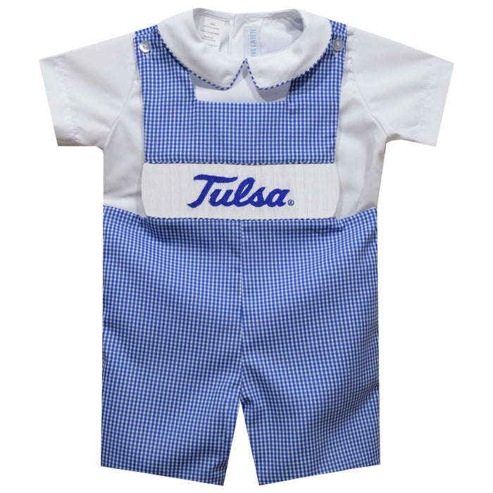 Tulsa Golden Hurricane Wave Smocked Royal Gingham Jon Jon And Short Sleeve White Shirt