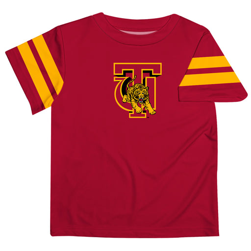 Tuskegee University Golden Tigers Vive La Fete Boys Game Day Crimson Short Sleeve Tee with Stripes on Sleeves