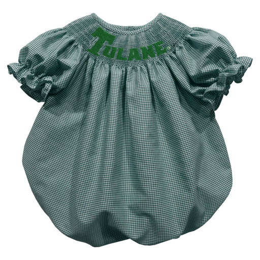 Tulane Green Wave Smocked Hunter Green Gingham Short Sleeve Girls Bubble