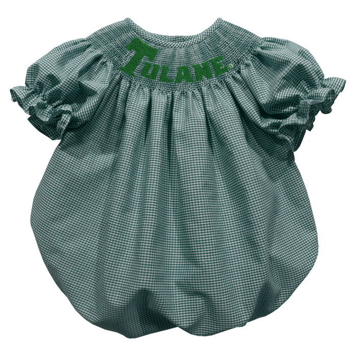 Tulane Green Wave Smocked Hunter Green Gingham Short Sleeve Girls Bubble
