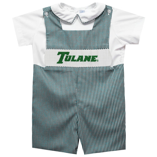 Tulane University Green Wave Smocked Hunter Green Gingham Jon Jon And Short Sleeve White Shirt