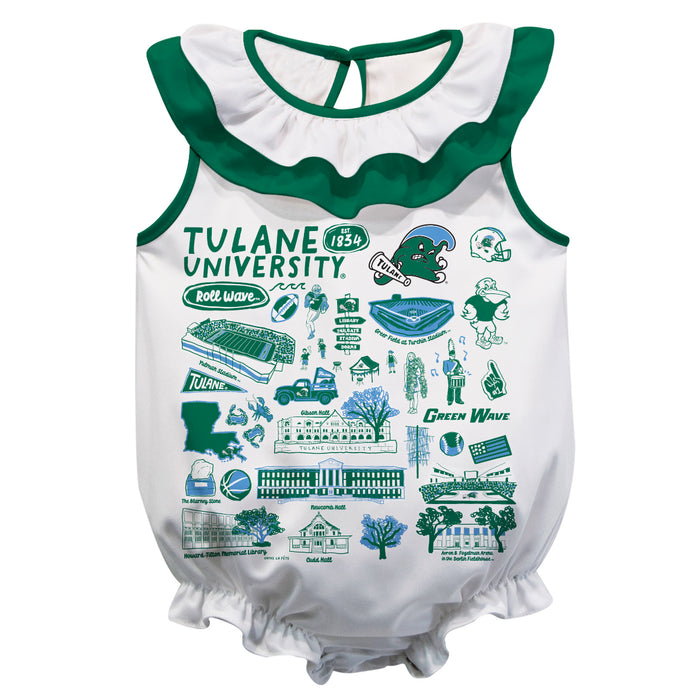 Tulane Green Wave  White Hand Sketched Vive La Fete Impressions Artwork Sleeveless Ruffle Onesie Bodysuit
