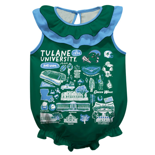 Tulane Green Wave  Green Hand Sketched Vive La Fete Impressions Artwork Sleeveless Ruffle Onesie Bodysuit