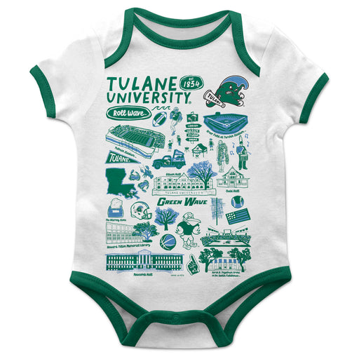 Tulane Green Wave Hand Sketched Vive La Fete Impressions Artwork Infant White Short Sleeve Onesie Bodysuit