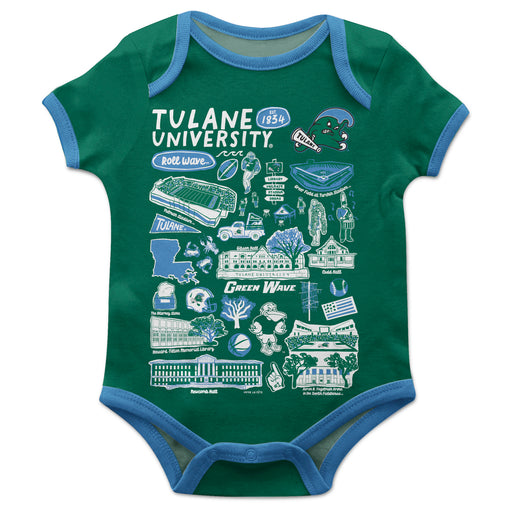 Tulane Green Wave Hand Sketched Vive La Fete Impressions Artwork Infant Green Short Sleeve Onesie Bodysuit