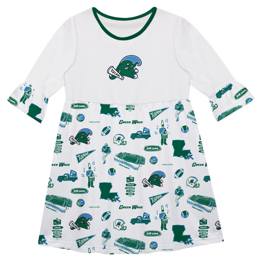 Tulane Green Wave 3/4 Sleeve Solid White Repeat Print Hand Sketched Vive La Fete Impressions Artwork on Skirt