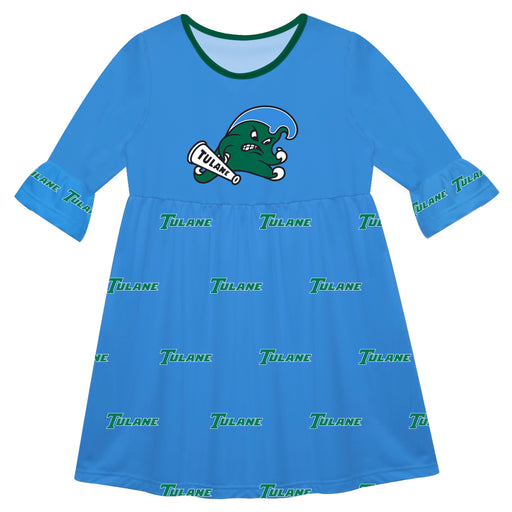 Tulane Green Wave Vive La Fete Girls Game Day 3/4 Sleeve Solid Blue All Over Logo on Skirt
