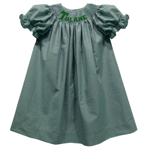 Tulane Green Wave Smocked Hunter Green Gingham Short Sleeve Bishop