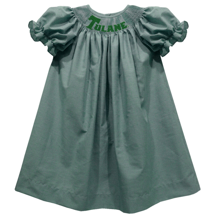 Tulane Green Wave Smocked Hunter Green Gingham Short Sleeve Bishop