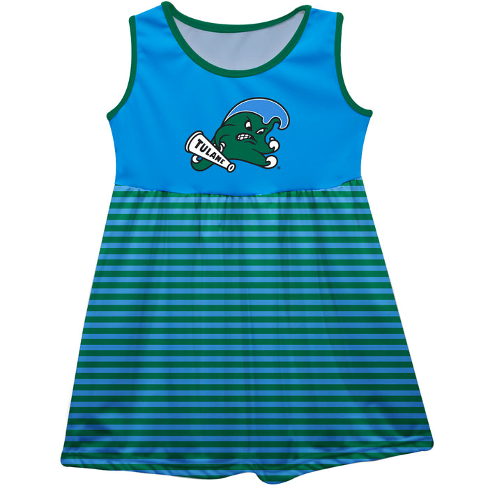 Tulane Green Wave Vive La Fete Girls Game Day Sleeveless Tank Dress Solid Blue Logo Stripes on Skirt