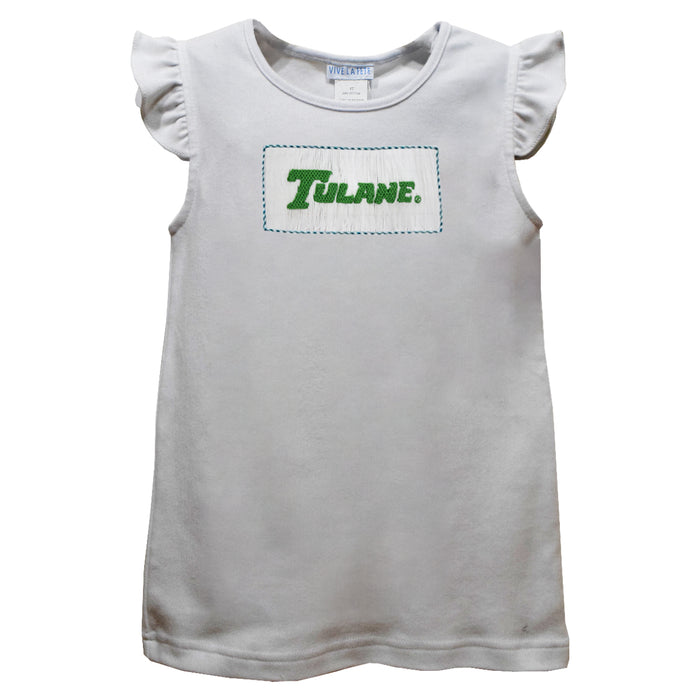 Tulane Green Wave Smocked White Knit Angel Wing Sleeves Girls Tshirt