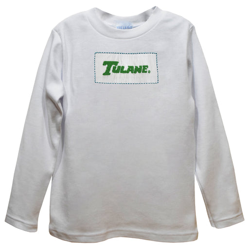 Tulane Green Wave  Smocked White Knit Boys Long Sleeve Tee Shirt