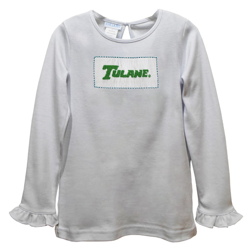 Tulane Green Wave Smocked White Knit Ruffle Long Sleeve Girls Tshirt