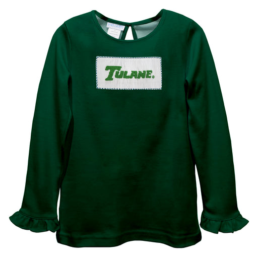 Tulane Green Wave Smocked Hunter Green  Knit Ruffle Long Sleeve Girls Tshirt