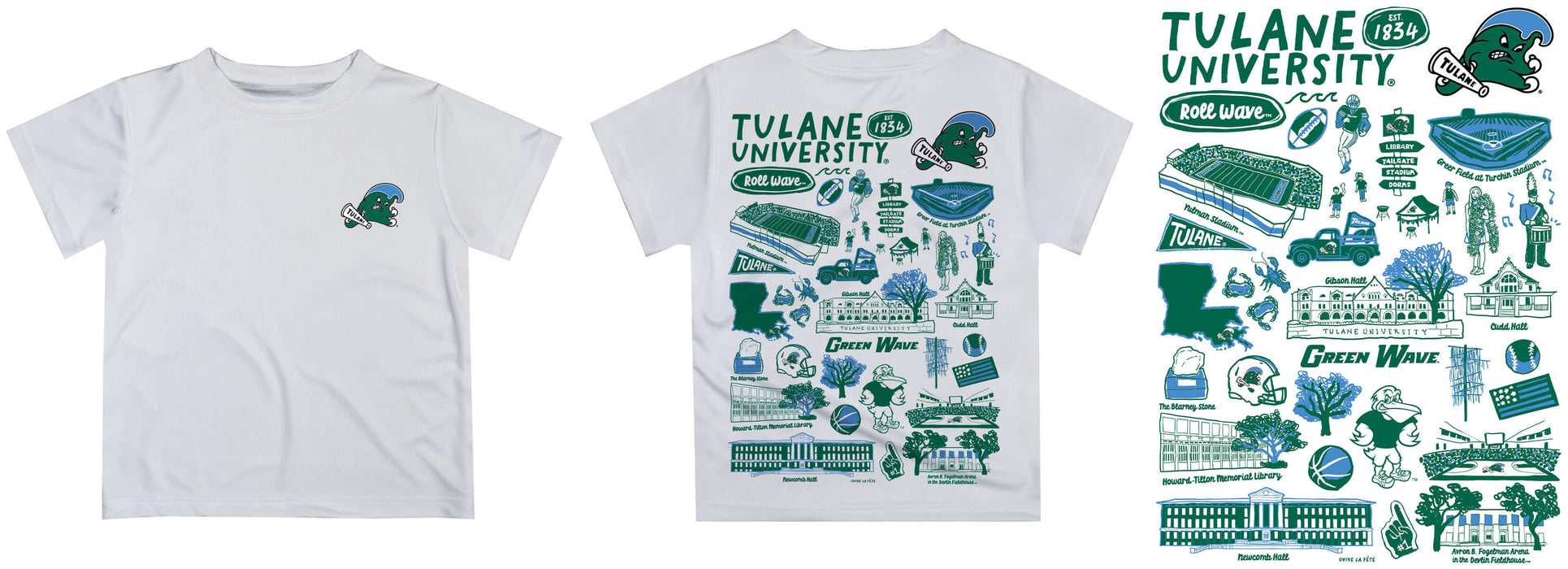 Tulane Green Wave Hand Sketched Vive La Fete Impressions Artwork Boys Green Short Sleeve Tee Shirt - Vive La Fête - Online Apparel Store