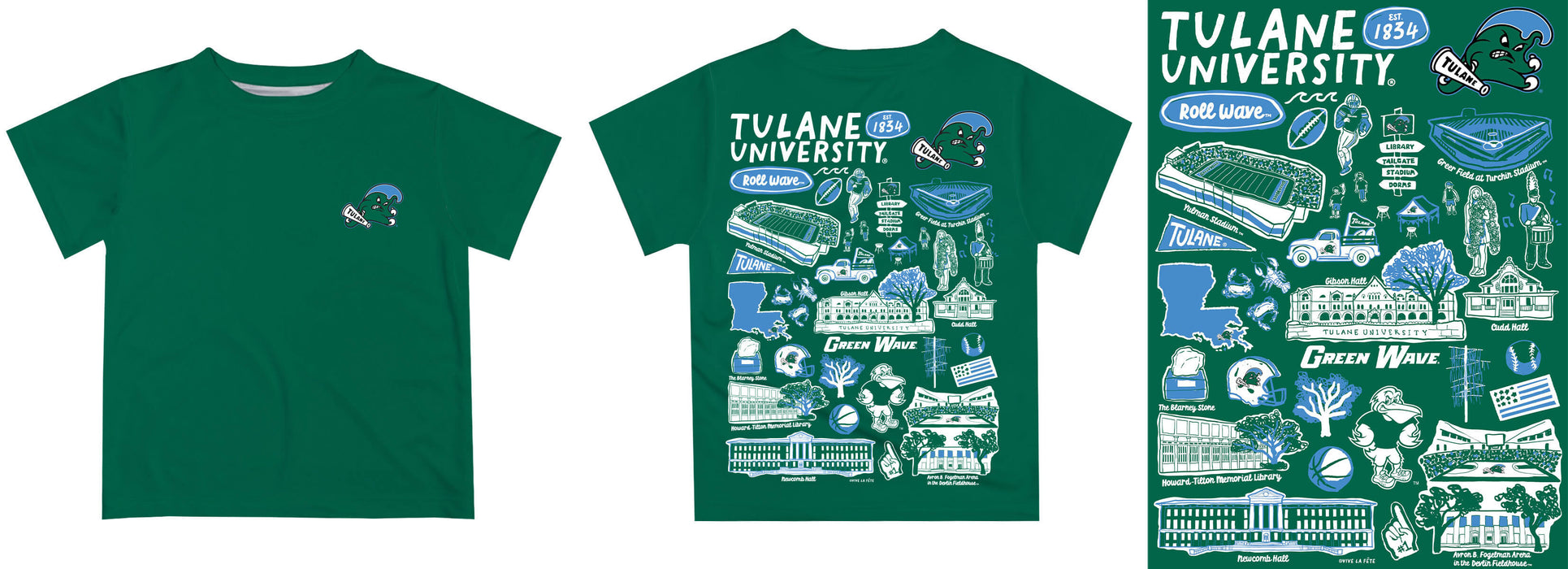 Tulane Green Wave Hand Sketched Vive La Fete Impressions Artwork Boys Green Short Sleeve Tee Shirt - Vive La Fête - Online Apparel Store