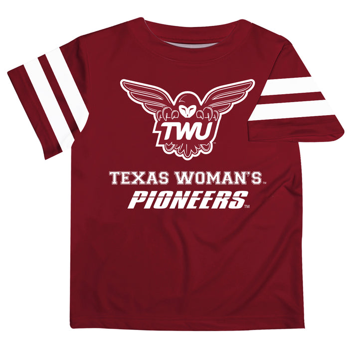 Texas Woman University Pioneers Vive La Fete Boys Game Day Maroon Short Sleeve Tee with Stripes on Sleeves - Vive La Fête - Online Apparel Store