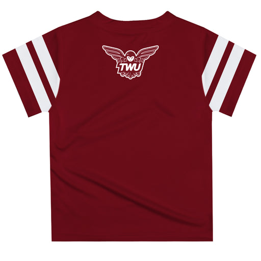 Texas Woman University Pioneers Vive La Fete Boys Game Day Maroon Short Sleeve Tee with Stripes on Sleeves - Vive La Fête - Online Apparel Store